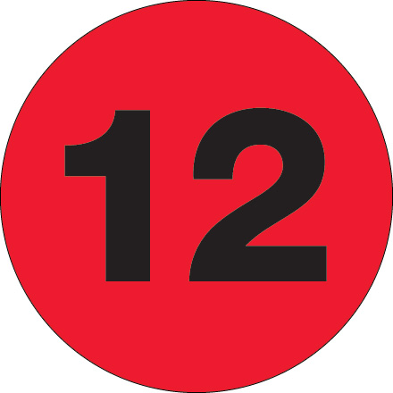 3" Circle - "12" (Fluorescent Red) Number Labels